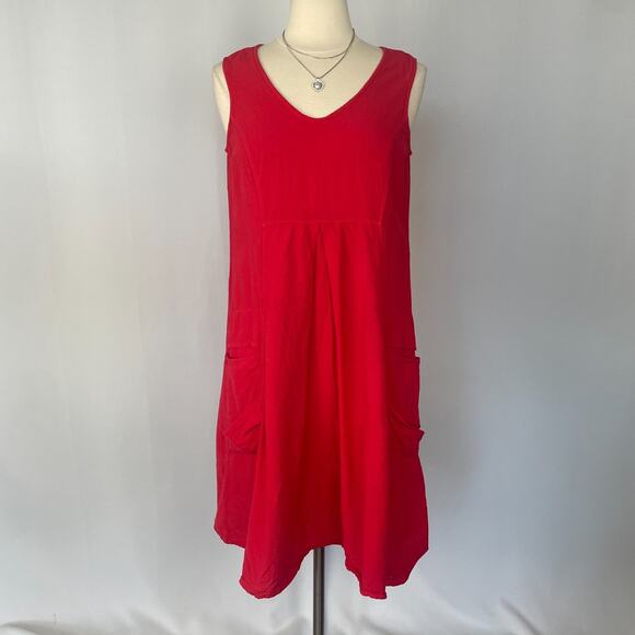 Color Me Cotton Trapeze Dress Size Medium Red Solid Flowy Lagenlook Boho Minimal - Picture 2 of 14